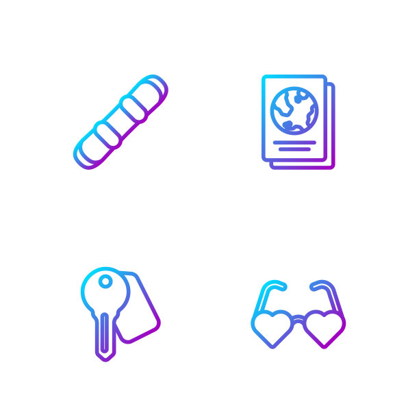 设线心形爱眼镜，酒店门锁钥匙，滑雪板和护照。渐变颜色图标。向量图片下载