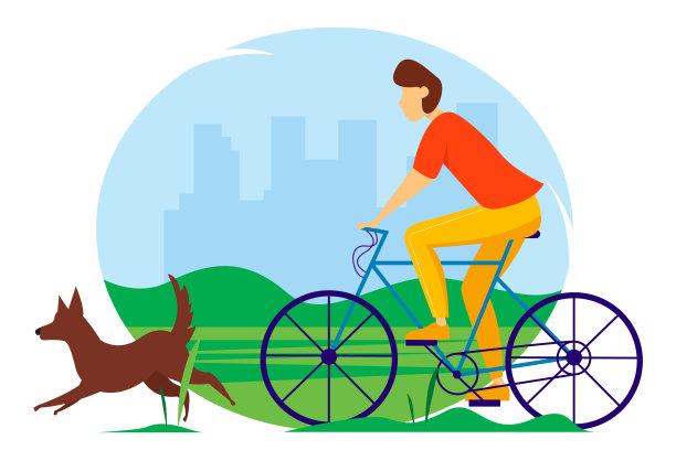 一个年轻人和一只狗在公园里骑自行车。夏天矢量插图。图片下载