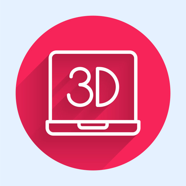 白线3D打印机图标孤立与长阴影。3 d打印技术。红色圆圈按钮。向量图片下载