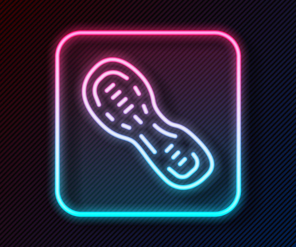发光的霓虹灯线人类脚印鞋图标孤立在黑色的背景。鞋鞋底。向量图片下载