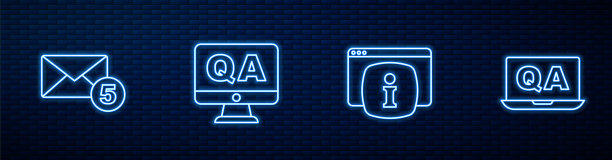 设置行监视器与常见问题信息，新，电子邮件传入消息，问题和答案和。砖墙上发光的霓虹灯图标。向量图片下载