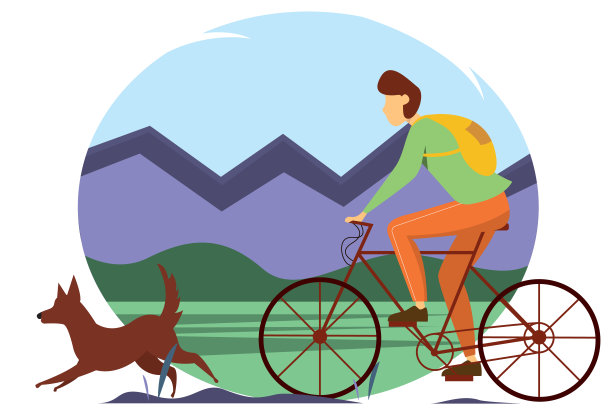 一个人和一只狗在国家公园里骑马。阐述户外活动、户外娱乐、骑自行车的概念。图片下载