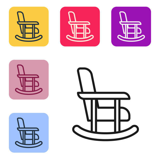 黑色线摇椅图标孤立在白色背景。设置图标的颜色方形按钮。向量图片下载