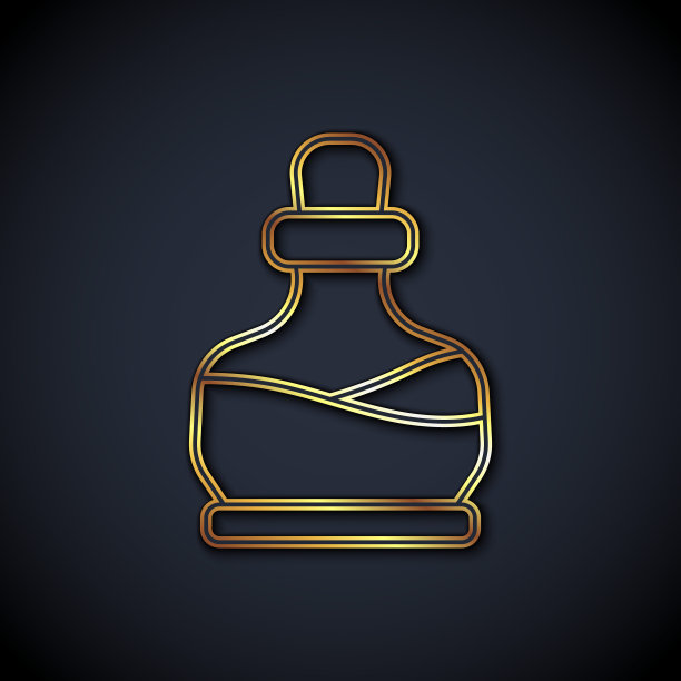 金色线瓶与药水图标隔离在黑色背景。装有魔法药水的烧瓶。快乐的万圣节派对。向量图片下载