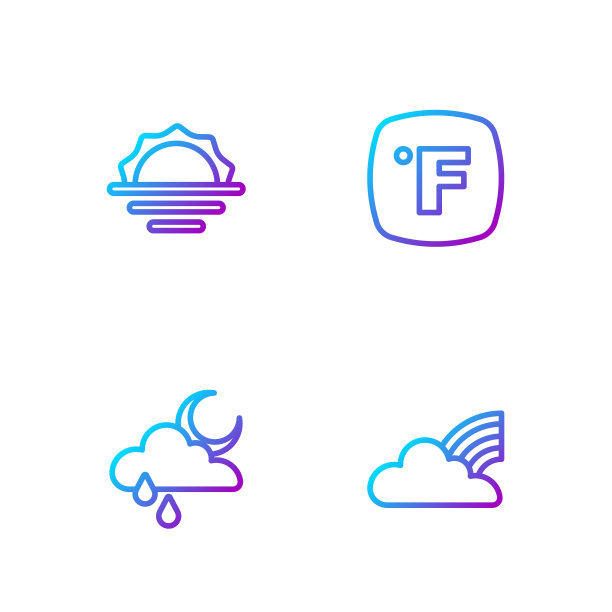 彩虹与云，云雨和月亮，日出和华氏度。渐变颜色图标。向量图片下载