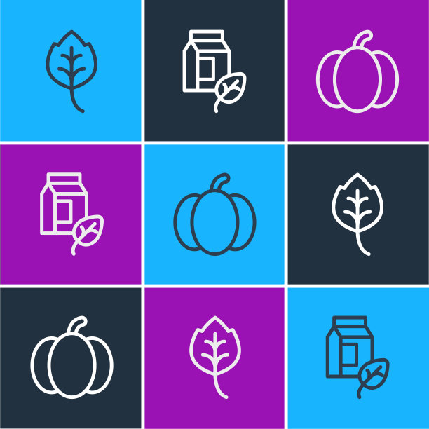 设置线叶或叶，南瓜和素食牛奶图标。向量图片下载