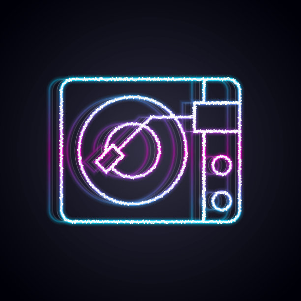 发光的霓虹灯线乙烯基播放器与乙烯基磁盘图标隔离在黑色背景。向量图片下载