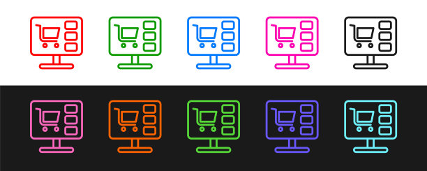 设置行购物车在屏幕上计算机图标隔离在黑白背景。概念电子商务、电子商务、网上商务营销。向量图片下载