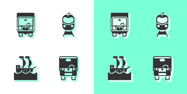 设有公共汽车、货车、帆船和火车图片下载