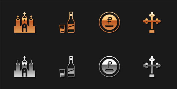 设置教堂建筑瓶伏特加与玻璃图片下载