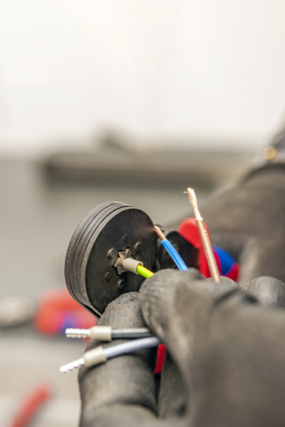 电线卷边工具。特写卷缩机。一个男人拿着一个压线钳。给电工的设备。副本的空间。垂直图图片下载