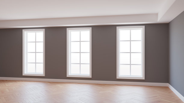 美丽的室内与灰色墙壁，三个大窗户，轻拼木地板和白色基座与工作路径的Windows。3D渲染。超高清8K 7680x4320图片下载