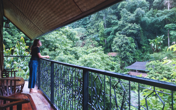一个女游客站在阳台上，看着乡村的绿色森林图片下载