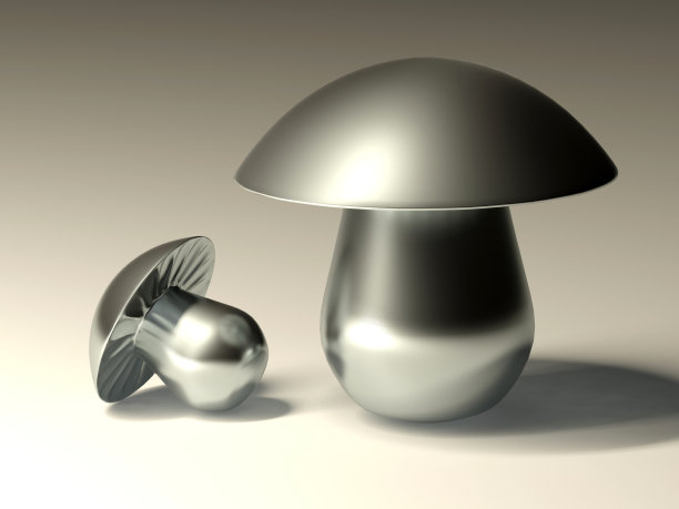 3 d演示。灰色背景上的两个金属蘑菇。图片下载