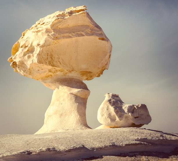 蘑菇与鸡肉雕塑 - 来自埃及撒哈拉西部白色沙漠自然公园的石灰石雕塑图片下载