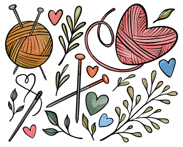 手绘水彩复古风格复古室内项目。祖父母风格,针织。用于海报、卡片、图案、印刷、明信片、设计、庆典图片下载