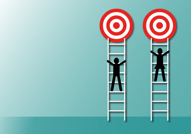 男人和女人步步高升以红色为目标中心，商业或成功的理念。图片下载