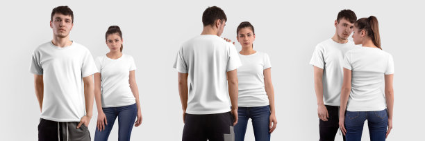 一个男人穿着白色t恤的模型，一个穿着牛仔裤的女孩，用来做设计展示。集图片下载