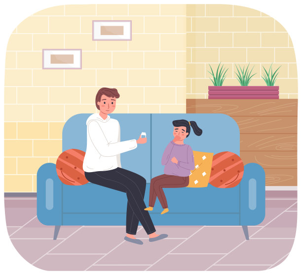 爸爸给病人吃药。父亲正在治疗女儿。那个生病的女孩正在服用抗病毒药物图片下载