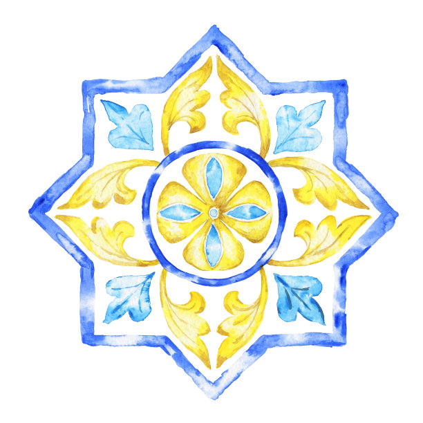 水彩蓝色和黄色地中海装饰上的白色。Watercolou设计。图片下载