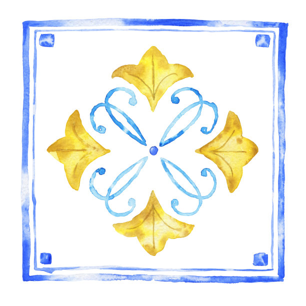 水彩蓝色和黄色地中海装饰上的白色。Watercolou设计。图片下载