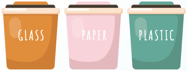 垃圾分类。不同颜色的回收箱，有玻璃、塑料和纸张。“零浪费”的概念图片下载