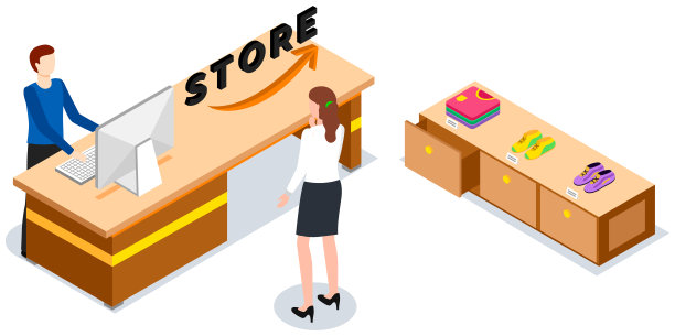 收银员柜台与员工，为顾客提供方便服务，来商店购物图片下载