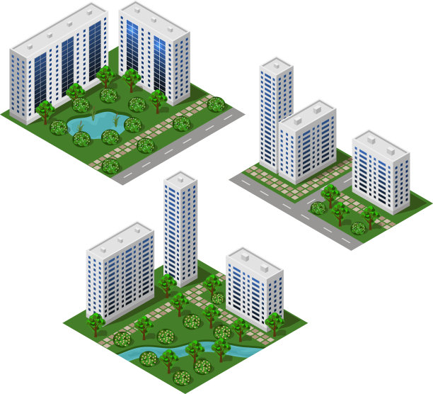现代城市等距集。大办公室和商店大楼。孤立的模块,图片下载