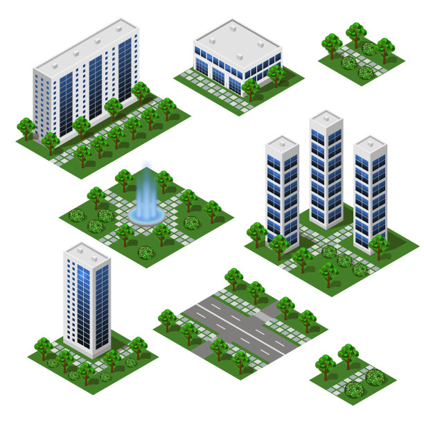 现代城市等距集。大办公室和商店大楼。孤立的模块,图片下载