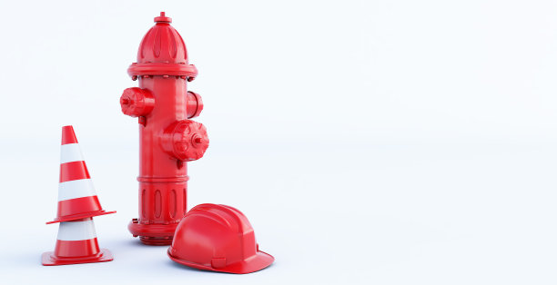 红色消防栓与交通锥孤立在白色。图片下载