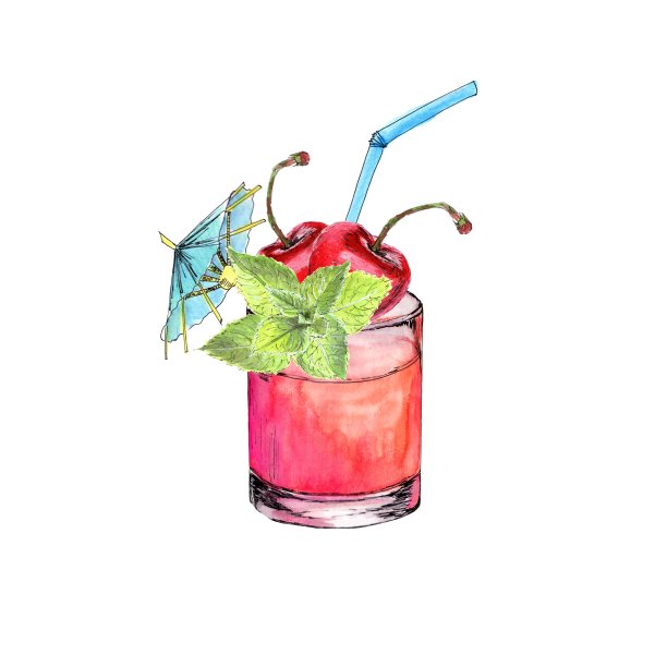 一杯樱桃汁，樱桃和薄荷叶孤立在白色的背景。水彩手绘插图图片下载