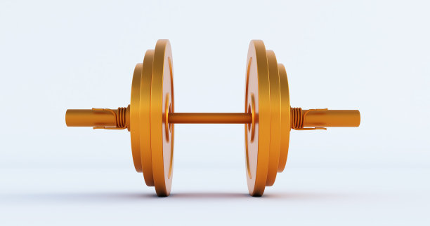 3d渲染的金色时尚铁杠铃，金色哑铃孤立在白色的背景。高分辨率图片下载