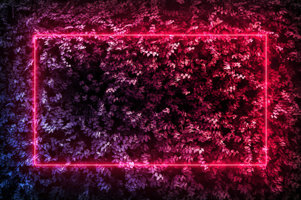 明亮的霓虹灯红色辉光，未来的复古背景80年代90年代，多彩的树叶图片下载