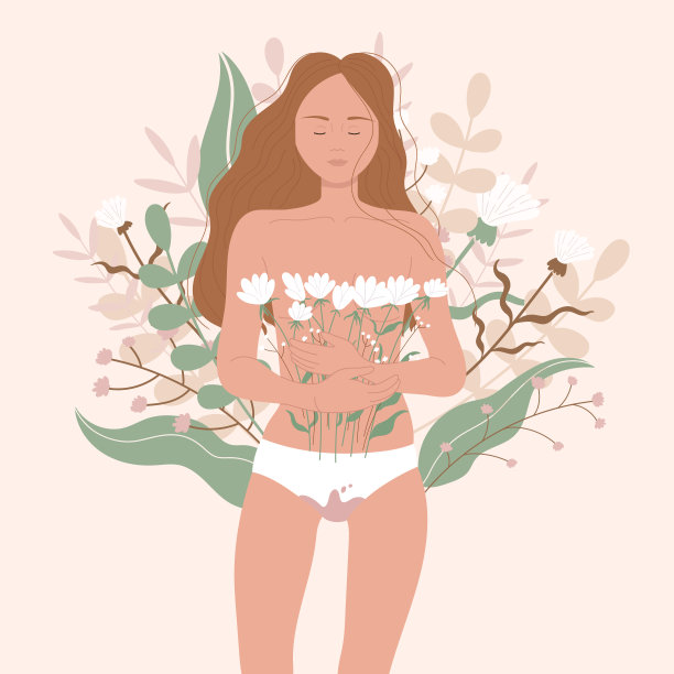 月经期的概念。女人的大腿和血迹斑斑的内裤。女性卫生的概念。月经的保护。平面卡通矢量插图。孤立在白色背景上。图片下载