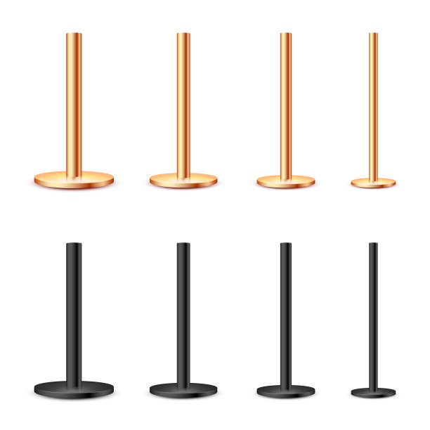 真实的金属杆收集孤立的白色背景。各种直径的光滑青铜管和钢管。广告牌或广告横幅支架，支架。矢量图图片下载