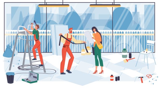 平面卡通产业工人人物在办公室装修装修工作，矢量插画概念图片下载