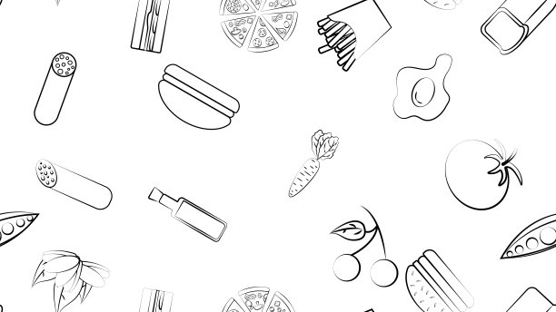 黑白无尽无缝图案的食品和零食图标设置为餐厅酒吧咖啡厅:披萨，香肠，黄油，面包，西红柿，鸡蛋，豌豆，胡萝卜。背景图片下载