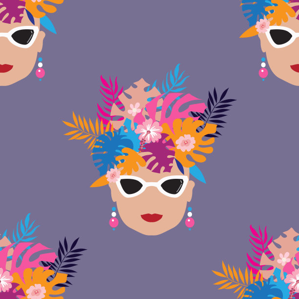 夏天令人敬畏的无缝图案漂亮的女人，棕榈树，热带树叶和花。图片下载