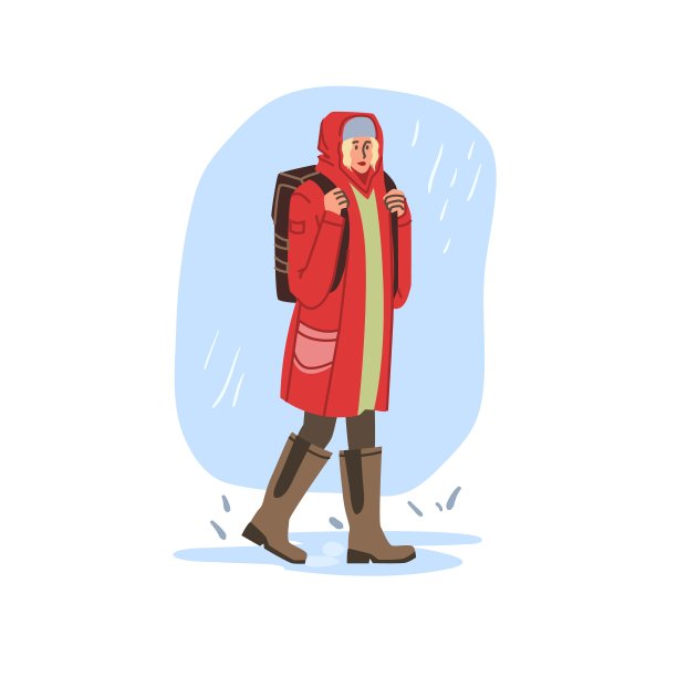 平面卡通人物在雨中，秋季矢量插画的概念图片下载
