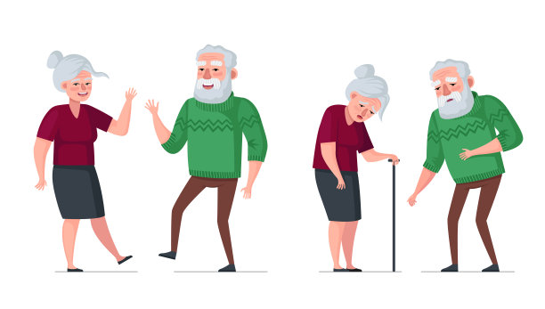 老年夫妇健康和生病的比较。积极开朗健康的老人和生病伤心疲惫的退休老人。穿毛衣的大胡子男人和拄拐杖的女人。白发的退休祖父母图片下载