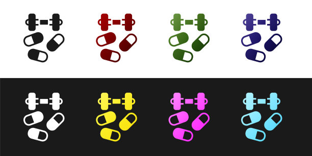 将运动兴奋剂、合成代谢药物与哑铃图标隔离在黑白背景上。合成代谢类固醇平板电脑。药片在jar。向量图片下载