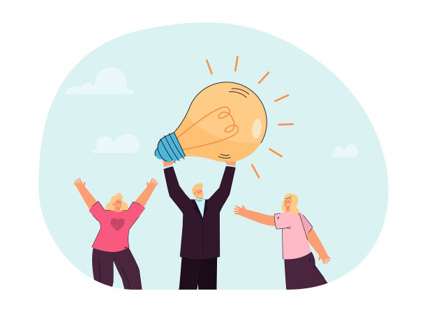 领导举着灯泡在他的头上平坦的矢量插图图片下载