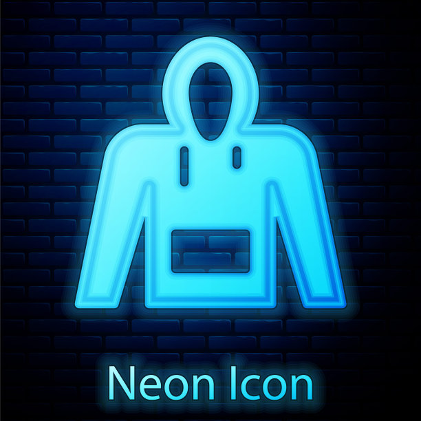 发光的霓虹灯连帽衫图标孤立在砖墙背景。连帽运动衫。向量图片下载