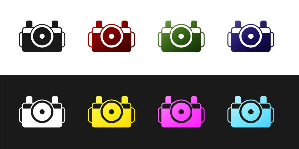设置照片相机潜水员图标隔离在黑色和白色背景。与相机图标。在水下潜水设备。向量图片下载