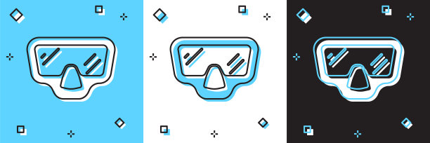 设置潜水面具图标隔离在蓝色和白色，黑色的背景。极限运动。在水下潜水设备。向量图片下载