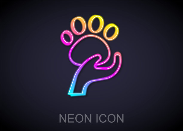 发光的霓虹灯线动物志愿者图标孤立在黑色背景。动物保健的概念。向量图片下载