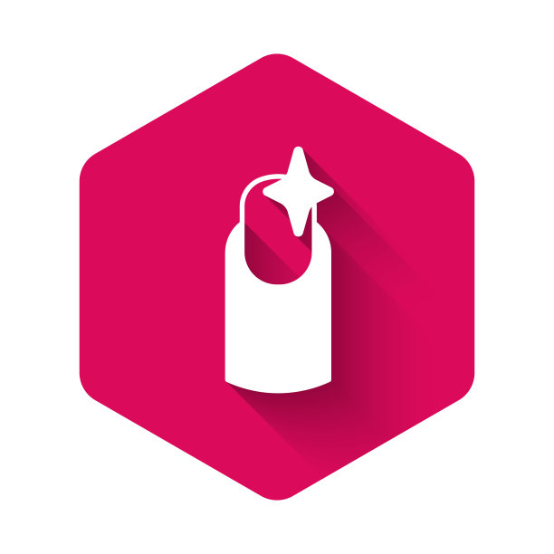 白色指甲图标孤立与长阴影背景。粉红色的六角按钮。向量图片下载