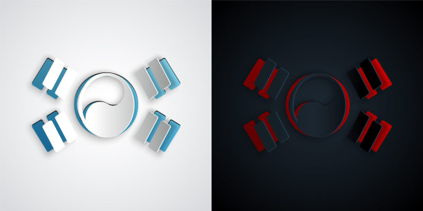 剪纸韩国国旗图标孤立在灰色和黑色的背景。纸艺术风格。向量图片下载