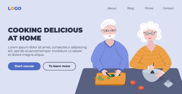 关于在家里一起做饭的老退休夫妇的在线课程的网页设计模板。现代矢量插图概念的网站，登陆页，移动应用程序。图片下载