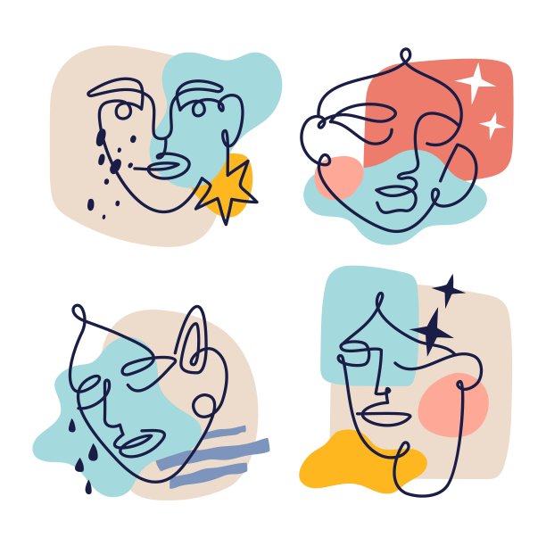 轮廓一线女性面孔定格。现代抽象女性肖像素描以有机多彩的形状为背景，当代极简手绘海报矢量孤立插画图片下载